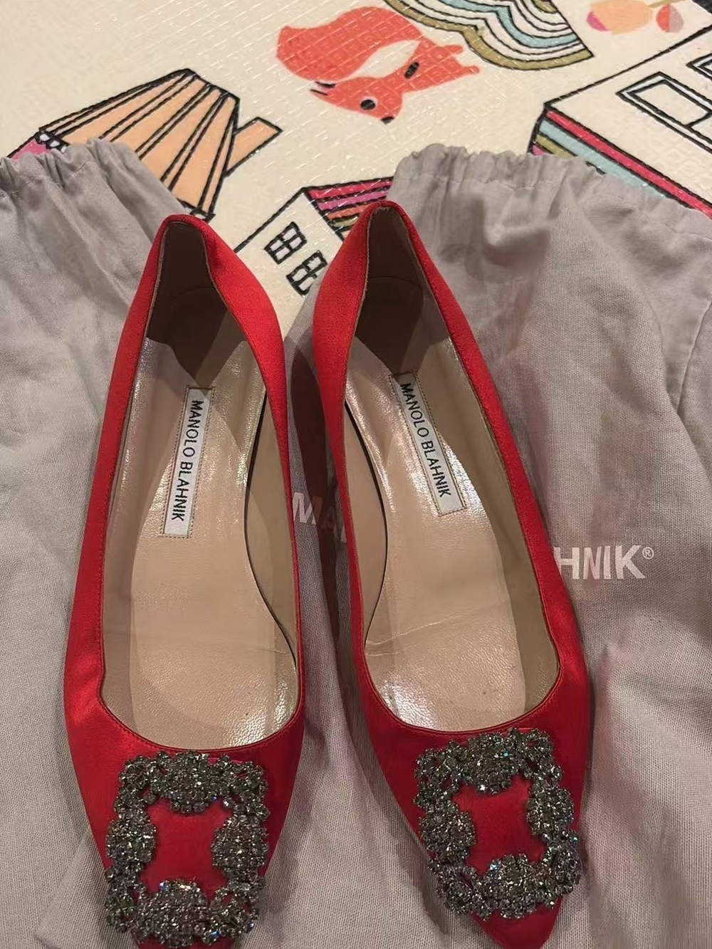 Manolo Blahnik Red Satin Crystal-Buckled Pointed Pumps